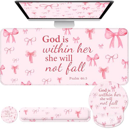 Desk Mat Set + Keyboard and Mouse Pad with Wrist Rest Support,4-in-1 Large Mousepad Computer Mats for Desktop Home & Office-Pink Bowtie - color: D4-Pink Bow Tie