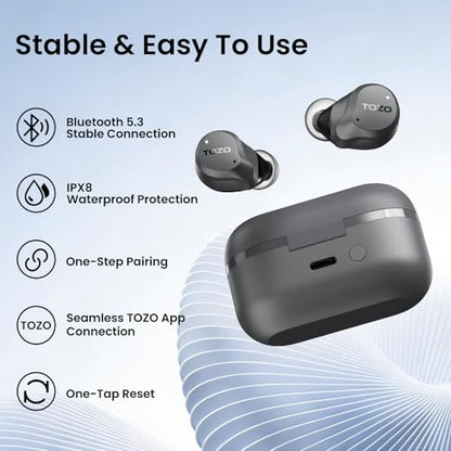 TOZO NC9 Hybrid Active Noise Cancelling Wireless Earbuds, 60H, LED Display | 6 Mic ENC Clear Calls, Deep Bass Sound, IPX8 Waterproof, in Ear Bluetooth 5.3 Headphones,32 EQs via APP, Comfort Fit Ear Buds - color: Gray
