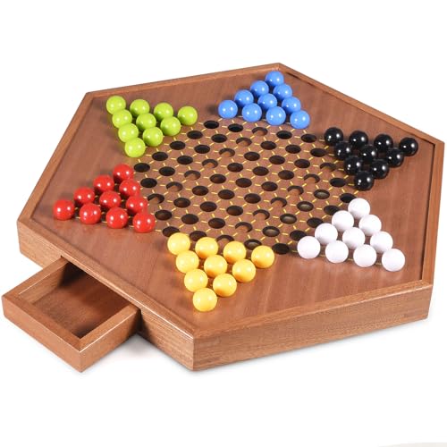AMEROUS Large 20.5 inches Wooden Chinese Checkers Set with Storage Drawer - 60 Acrylic Marbles in 6 Colors - 12 Bonus Spare Marbles, Classic Strategy Family Board Game for Adults
