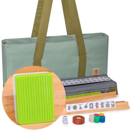 Yellow Mountain Imports American Mahjong Set, “Verdant Spring” with Green Soft Case - 4 All-in-One Racks with Pushers, Wright Patterson Scoring Coins, Dice, & Wind Indicator - color: Apple Green