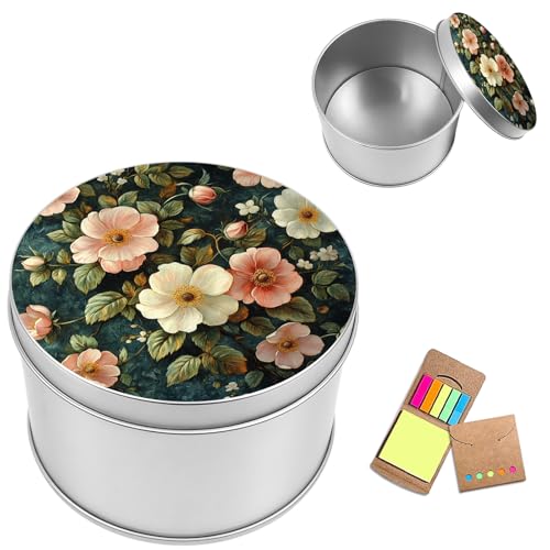 Metal Round Storage Containers Box with Lid, Metal Tins Organizer Box for Earring Jewelry Craft Trinket Keys Watch, Antique Rose Design Decorative Storage Case with Notepad - color: Antique Rose