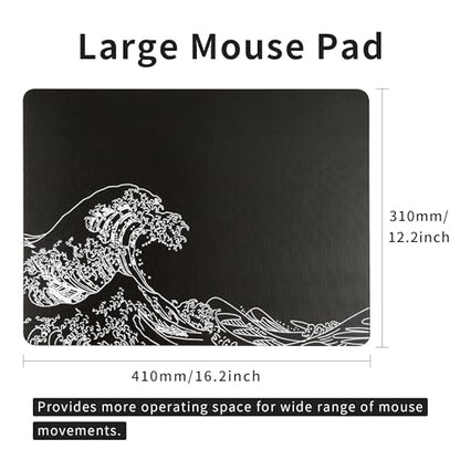 Hard Gaming Glass Mouse Pad with Black Kanagawa Design, Large 410mm*310mm Mouse Mat, Unique Professional Glass Surface for Enhanced Precision and Speed - color: Black(Kanagawa)