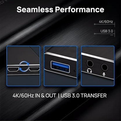 4K Ultra HD Video Capture Card, 1080P 60FPS USB 3.0 Game Recorder for Streaming, Gaming & Video Meetings, Plug & Play, Ultra-Low Latency