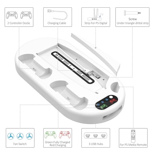 Gaming Console Vertical Stand with Dual Fast Charging Station & 3-Level Cooling Fan for PS5 Slim Digital & Disc Versions