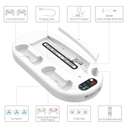 Gaming Console Vertical Stand with Dual Fast Charging Station & 3-Level Cooling Fan for PS5 Slim Digital & Disc Versions