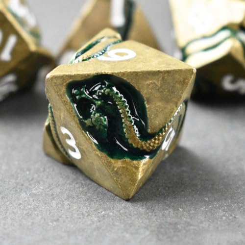 Weighted Metal DND Dice Set for Dungeons and Dragons and Pathfinder, Serpent Polyhedral RPG Dice with Engraved Numbers & Protective Gift Storage Case - color: Ancient Brass
