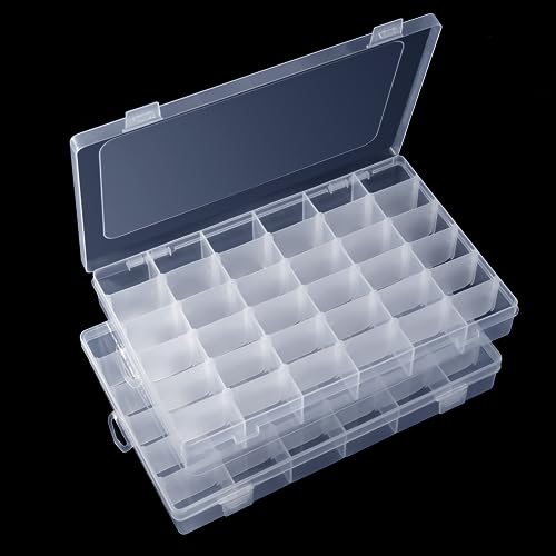 Bead Plastic Storage Organizer Box 2 Pack 36 Grids Adjustable Dividers | Clear Containers, Removable Storage Boxes for Art DIY Crafts, Fishing Tackles Jewelry Snackle - color: Clear-36 Grids*2