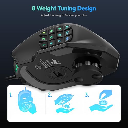 RED SAMURAI Wired MMO Gaming Mouse, 18 Programmable Buttons, 16400 DPI | 18 programmable macro buttons, 16400 DPI optical sensor, adjustable weights, ergonomic stable grip, RGB, MMO MOBA FPS.