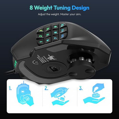 RED SAMURAI Wired MMO Gaming Mouse, 18 Programmable Buttons, 16400 DPI | 18 programmable macro buttons, 16400 DPI optical sensor, adjustable weights, ergonomic stable grip, RGB, MMO MOBA FPS.
