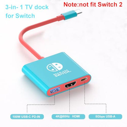 Switch TV Dock, Portable TV Dock Station for Switch/Steam Deck/ROG Ally/Legion GO, 3-in-1 Switch Travel Dock with HDMI 4K@60Hz, USB 3.0 and 100W Charge PD Port (Not Fit Switch 2)