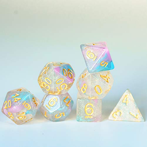 UDIXI Glitter DND Dice Set, Galaxy D&D Polyhedral Dice Set Iridecent Swirls | Pink & Cyan Colors, Gold Number, Velvet Dice Bag Packaging, for Dungeons and Dragons Role Playing Games and Tabletop Games - color: Pink Cyan