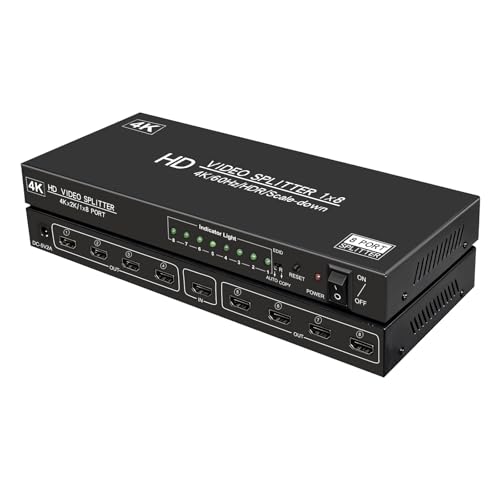 4K@60Hz 1x8 HDMI Splitter 1 in 8 Out,4:4:4,18 Gbps,8 Port Powered HDMI 2.0 Splitter Support Auto Down Scaler, 4K 1080P Sync, HDR10,3D, Only Duplication/Mirror Screens (Not Extend) for PS5/Xbox/HDTV - size: 1x8 splitter 4K@60Hz
