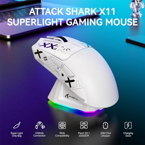 ATTACK SHARK X11 Wireless Gaming Mouse, PAW3311 Sensor, Lightweight, RGB Charging Dock, 22,000 DPI, Tri-Mode Connectivity, 5 Programmable Buttons, Grip Tape Included - White - color: White, size: Mouse and Anti-slip sticker