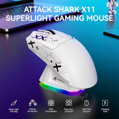 ATTACK SHARK X11 Wireless Gaming Mouse, PAW3311 Sensor, Lightweight, RGB Charging Dock, 22,000 DPI, Tri-Mode Connectivity, 5 Programmable Buttons, Grip Tape Included - White - color: White, size: Mouse and Anti-slip sticker