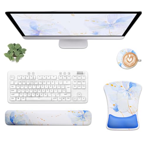 Mouse Pad with Wrist Rest and Keyboard Wrist Rest Set of 3, Gel Ergonomic Support, Non-Slip PU Base, Watercolor Floral Desk Accessories for Women Home Office-HUADO - color: Blue Floral