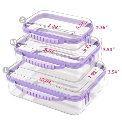 Clear Hard Shell Organizer Cases, 3 Pack with Handle | Durable PET shell with water-resistant, scratch-resistant surface for travel, toiletries, electronics and toys - color: Purple1