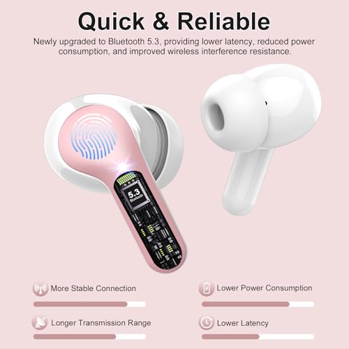 Wireless Earbuds, Bluetooth 5.4 Headphones HiFi Stereo, Bluetooth Earbuds with ENC Noise Cancelling Mic, IP7 Waterproof in Ear Earphones, 48H, LED Display Ear buds for Pad Phone Workout Sports, Pink - color: Pink