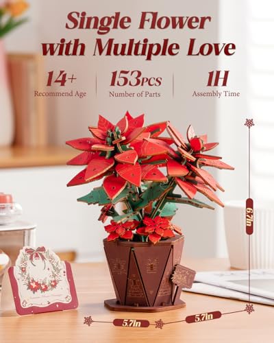 3D Flower Wooden Puzzles for Adults-Poinsettia, DIY Wooden Flowers Model Kit Building Set Crafts Gifts, Artificial Botanical Collection Creative Gift Ideas/Housewarming Celebration(153PCS) - style: Poinsettia