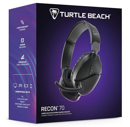 Turtle Beach Recon 70 Wired Multiplatform Gaming Headset for PC, PS5, Xbox | Xbox Series X|S, Xbox One, PlayStation, PC Splitter Cable, Flip-to-Mute Mic, 40mm Speakers, Lightweight, Soft Earpads, Black