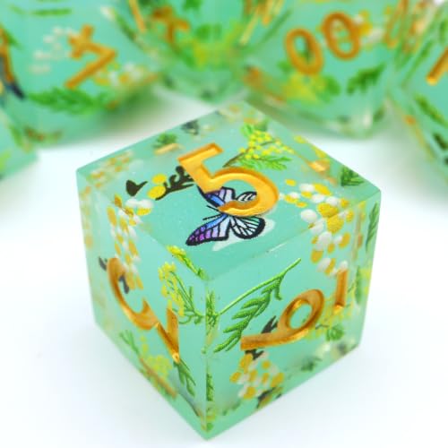 XENOLUX Polyhedral Resin DND Dice Set for RPG and Board Games, Clear with Internal Butterfly and Yellow Flowers, 7 Pieces in Tin Box (L17) - color: L17
