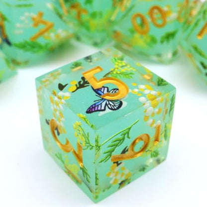 XENOLUX Polyhedral Resin DND Dice Set for RPG and Board Games, Clear with Internal Butterfly and Yellow Flowers, 7 Pieces in Tin Box (L17) - color: L17