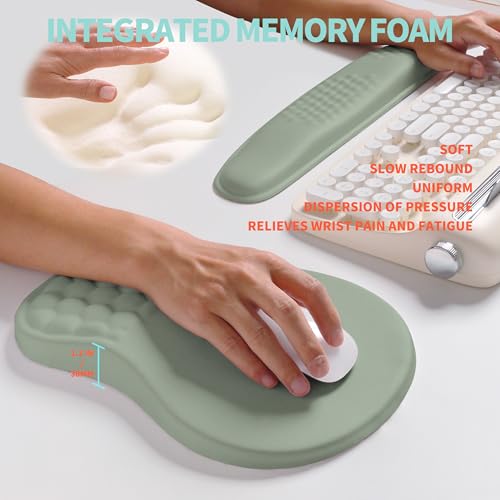 2-in-1 Ergonomic Set, Wave Rise Keyboard Wrist Rest and Massage Bulge Slope Mouse Pad Wrist Support, Cushion Memory Foam Integrated to Relieve Wrist Pain, Light Green - color: Light Green