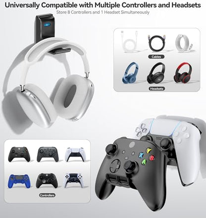 Gaming Accessories Controller & Headphone Stand, Wall Mount Holder for 4 Remotes & Foldable Headset Stand, Universal Wall-friendly Game Controller Holder Hanger Hook for Xbox, PS5/4, Nintendo, Black