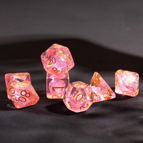 UDIXI DND Dice Set Pink Polyhedral Dice Set Sparkling Inclusions for D&D | Resin Material, Velvet Storage Bag, DM Gift, for Dungeons and Dragons Role Playing Games Tabletop Games - color: Pink