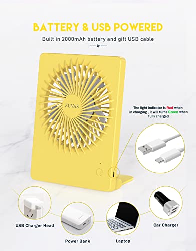 Zuvas Desk Fan Small Rechargeable Battery Table Fans for travel Ultra Quiet | 180° Tilt Folding, LED Dislay, Portable Fan Slim Design, 3 Speed Adjustable, for Office Bedroom Desktop, Cruise Essentials - color: Yellow