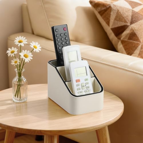 PU Leather Remote Control Holder, Small Desk Organizer Office Supply Bedside Caddy for Nightstand End Table Couch, Pen Remote Organizer with 3 Compartments (Cream) - color: Cream
