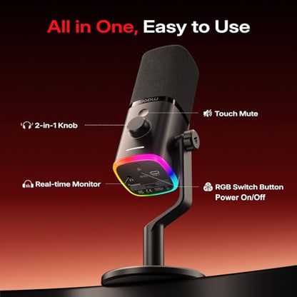 MAONO PD100W Wireless USB Dynamic Microphone, Gaming PC Mic with One-Click Noise Reduction,Mute Button,Custom RGB,3.5mm Headphone Jack,Software,Podcast Streaming Mic (Boom Arm(USB-C Receiver), Black) - color: Black