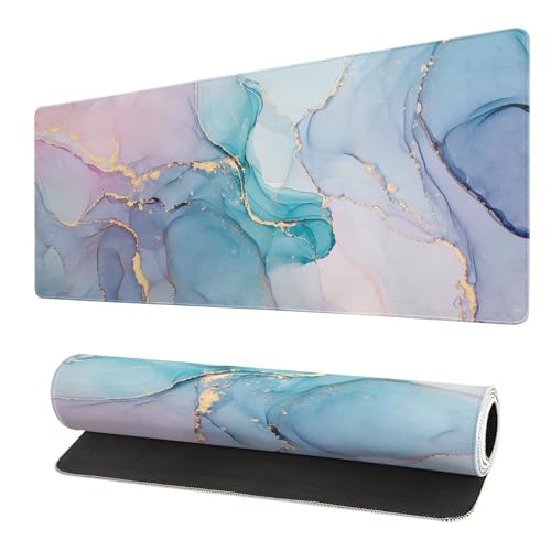 Teal Marble Extended Mouse Pad 31.5x11.8 Inch Turquoise Desk Marble Mousepad Extended Large Non-Slip Rubber Base Waterproof Big Keyboard Mat with Stitched Edges for Gaming and Office - color: Marble