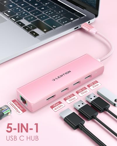 LENTION 5 in 1 USB C Hub, 1000Mbps Ethernet, 4K HDMI, 3xUSB 3.0 | Access Gigabit Ethernet, Stable Driver 3.0, Optimized for Dual USB‑C Laptop, Compatible with macOS & Windows (C25 Rose Gold) - color: Rose Gold