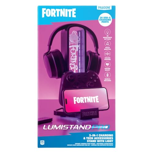 Paladone Fortnite 3-in-1 Headphone Stand and Tech Charging Station with Console Controller Cradle and 2 USB-C Ports, RGB Colour Changing Light Panel, Officially Licensed Gift for Gamers