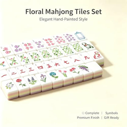 Mahjong Tiles Set, 4-Layer American Mahjong Tiles with 50 Chips,3 Dice & Blue Printed Carrying Bag Case, 160 Pcs Mahjong Sets with Acrylic Engraving for Home, Travel & Game Nights - color: Floral