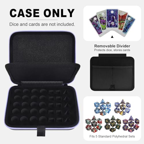 Hard DND Dice Case for 5 Polyhedral Dice Sets, Case Only | Hard shell dice case, holds 5 polyhedral sets, with removable divider and dual mesh pockets for DND/RPG game nights - color: Purple