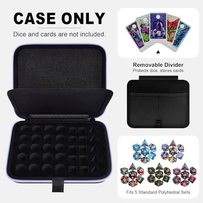 Hard DND Dice Case for 5 Polyhedral Dice Sets, Case Only | Hard shell dice case, holds 5 polyhedral sets, with removable divider and dual mesh pockets for DND/RPG game nights - color: Purple