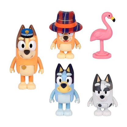 Bluey Figure 4-Pack The Sleepover, Episode-Themed Toys | Includes Bluey, Bingo, Chilli, Muffin & flamingo accessory, moveable arms; kids toys ages 3+ - style: The Sleepover