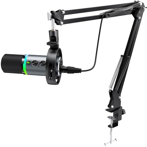 Gaming Microphone Kit for Streaming & Podcast, Dynamic RGB PC Mic with USB/XLR Cable, Boom Arm Stand, Mute Button, Headphone Jack, Ideal for Vocals, Voice-Over & Zoom Calls/Teams Meetings. - color: Gray