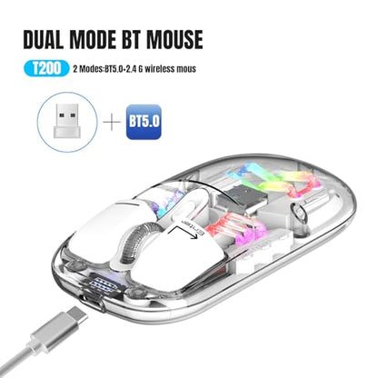 Wireless Bluetooth Mouse, Transparent BT + 2.4G Dual-Mode Mechanical Mouse with Magnetic Top Cover, Rechargeable RGB Backlit Gaming Mouse for Gaming/Esports/Desktop/Laptops/Tablets (White) - color: White
