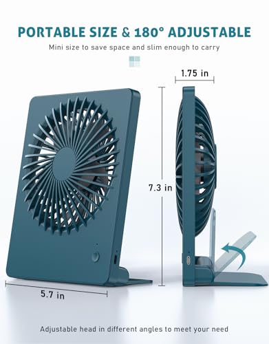 Zuvas Desk Fan Small Rechargeable Battery Table Fans for travel Ultra Quiet | 180° Tilt Folding, LED Dislay, Portable Fan Slim Design, 3 Speed Adjustable, for Office Bedroom Desktop, Cruise Essentials - color: Deep Green