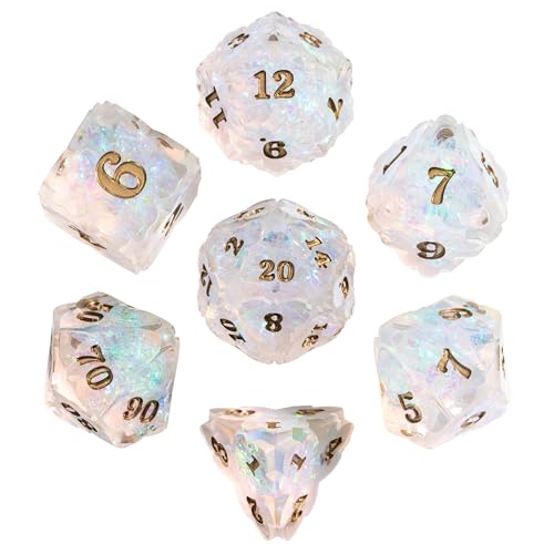 Cusdie Sharp Edge DND Dice, 7 PCS Shamrock DND Dice Set D&D D20 D12 D10 D8 D6 D4, Handcrafted Polyhedral Dice Set for RPG and Other Table Games(Transparent) - color: Transparent