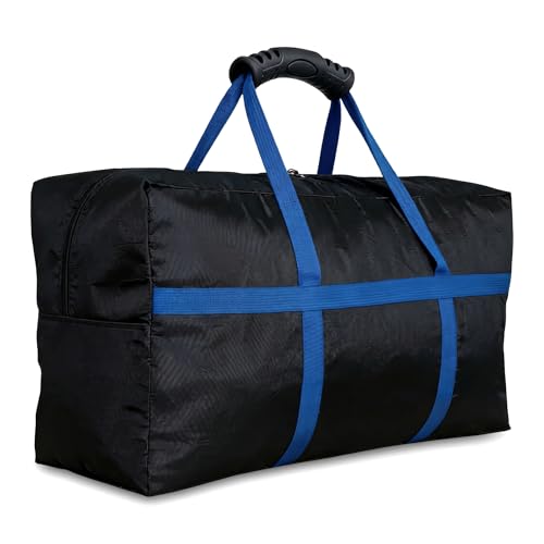 56 Inch Travel Duffel Bag, Heavy Duty 600D Foldable Large Capacity | 600D Water-Resistant Fabric, Reinforced Seams. Padded Handle & Blue Webbing. Folds Flat. For Camping, Gym, Sports & Travel. - size: 56"(L)*15"(W)*27"(H)