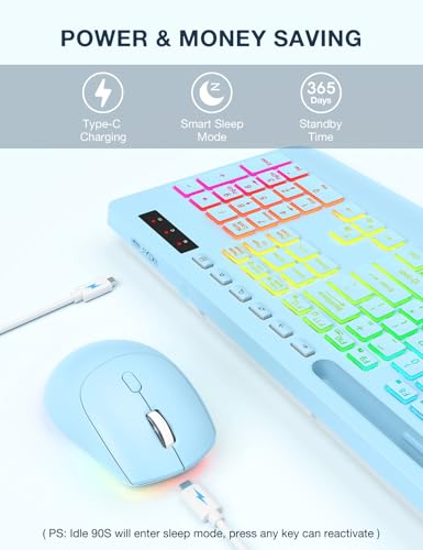Wireless Keyboard and Mouse Combo, 9 Backlit Effects, RGB, 2.4GHz | Ergonomic Wrist Rest, Phone Holder, Rechargeable, Full Size, KM22 MAX Silent Set for Computer, Laptop, Mac, Windows (Blue) - color: Sky Blue
