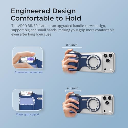 Upgraded Mag-Safe Magnetic Camera Handle Grip with Extended Magnetic Phone Mount with Carabiner & Thumb Rest, Detachable Rechargeable Shutter Remote Compatible with iPhone Pro Max for Video Calls/TK - color: Blue, size: ARCO Biner