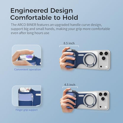 Upgraded Mag-Safe Magnetic Camera Handle Grip with Extended Magnetic Phone Mount with Carabiner & Thumb Rest, Detachable Rechargeable Shutter Remote Compatible with iPhone Pro Max for Video Calls/TK - color: Blue, size: ARCO Biner