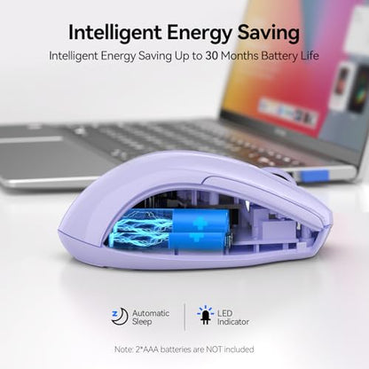 TECKNET Wireless Mouse, BT 5.0/2.4G, Silent 4800 DPI 6 Buttons, Lavender | Bluetooth 5.0/3.0 & USB A, 2-Device Easy Switch, Wide OS Compatible, 6-DPI, Ergonomic for S/M Hands, Extended Battery - color: Lavender