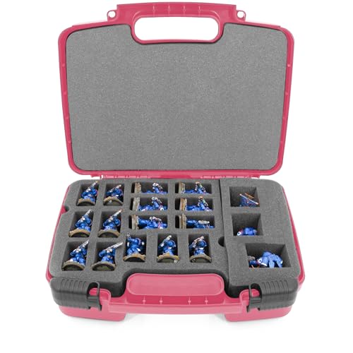 CASEMATIX Miniature Storage Hard Shell Miniature Figure Case - 30 Slot Figurine Minature Carrying Case with Customizable Foam for Large Miniatures for Warhammer 40k, DND and More, Pink Shell