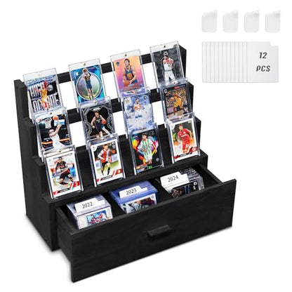 Emfogo Trading Card Display, 3-Tier Card Display Case with Custom Drawer, Wood Graded Card Display with Supporters and Dividers, Sports Card Display Case for Collection (Black) - color: Black