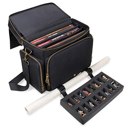 ENHANCE Tabletop DnD Bag - RPG Adventurer's Dungeons and Dragons Accessories Bag with Miniatures Storage, Mat Holder, DnD Dice & Token Pockets, Fits 4-8 DnD Books, DM Guide, Player's Handbook (Black) - color: Black And Bronze